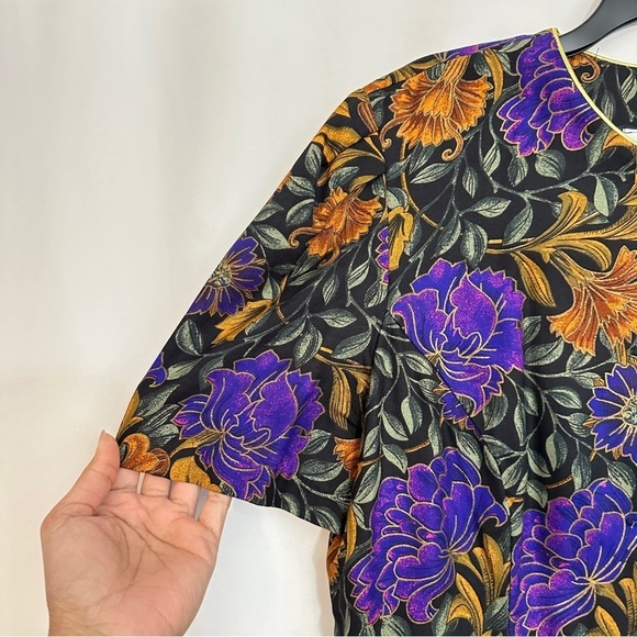 90s Vintage Ultra Dress Women's Floral Blouse Top in Black Purple Orange sz 8 - Picture 3 of 11